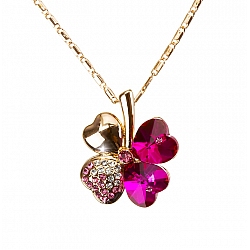 Four Leaf Clover Crystal Pendant Necklace - Pink