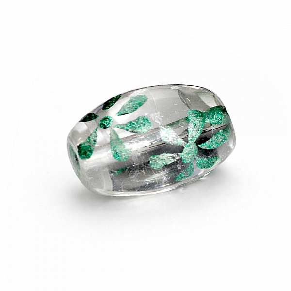 Green And Black Floral Clear Oval Glass Bead 18mm PK1