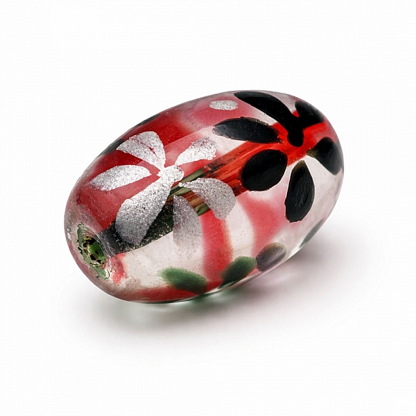Red And Black Flower Clear Oval Glass Bead 18mm PK1