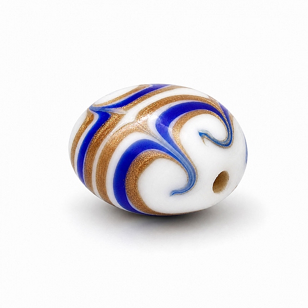 Flat Blue, White and Gold Round Glass Bead 18mm (PK1)
