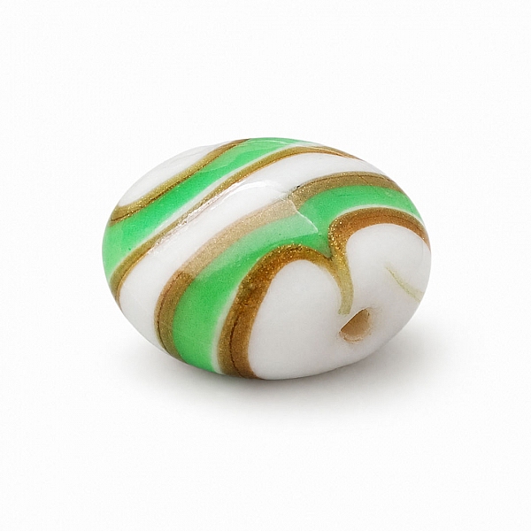 Flat Green, White and Gold Round Glass Bead 18mm (PK1)
