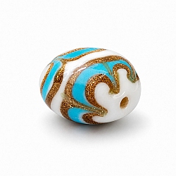 Flat Turquoise, White & Gold Round Glass Bead 18mm PK1