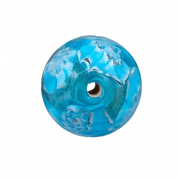 Light Blue Flower Handmade Round Glass Bead 16mm (PK1)