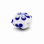 Blue And White Floral Flat Round Glass Bead 16x9mm PK5