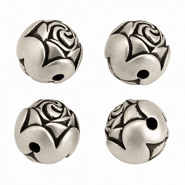 Antique Silver Rose Pattern Metal Round Beads 10mm - Pack of 4