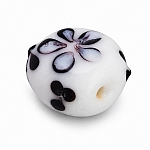 Black Flower Design Puff Square Glass Bead 16x9mm PK1