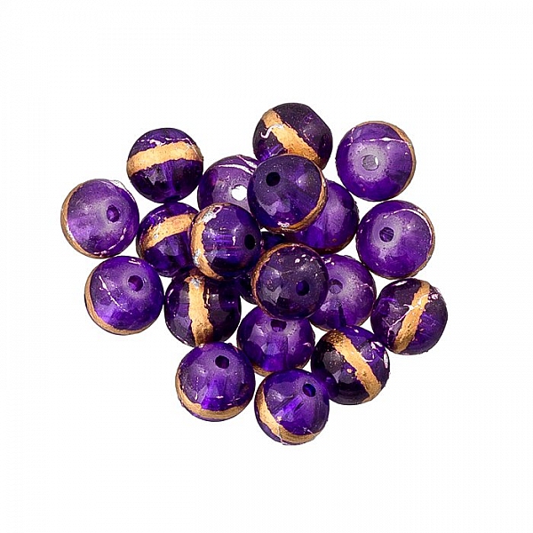 8mm Gold Striped Purple Painted Round Glass Beads PK20