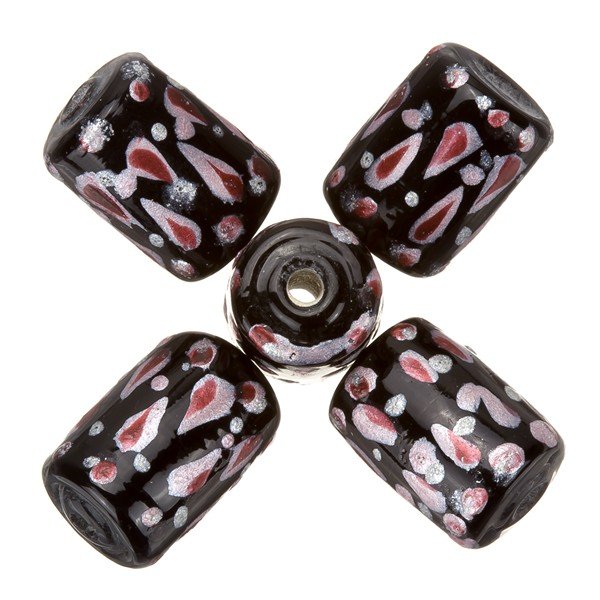 Hand Painted Black/Maroon Tube Glass Beads 9x14mm - PK5