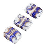 White Rectangle Glass Beads Blue/Gold Print 18x15mm PK3
