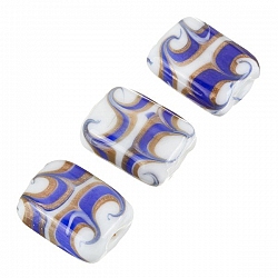 White Rectangle Glass Beads Blue/Gold Print 18x15mm PK3