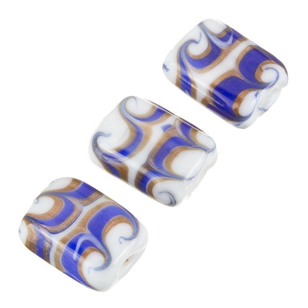 White Rectangle Glass Beads Blue/Gold Print 18x15mm PK3