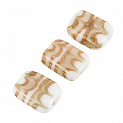 White Rectangle Glass Beads Beige/Gold Pattern 18x15mm
