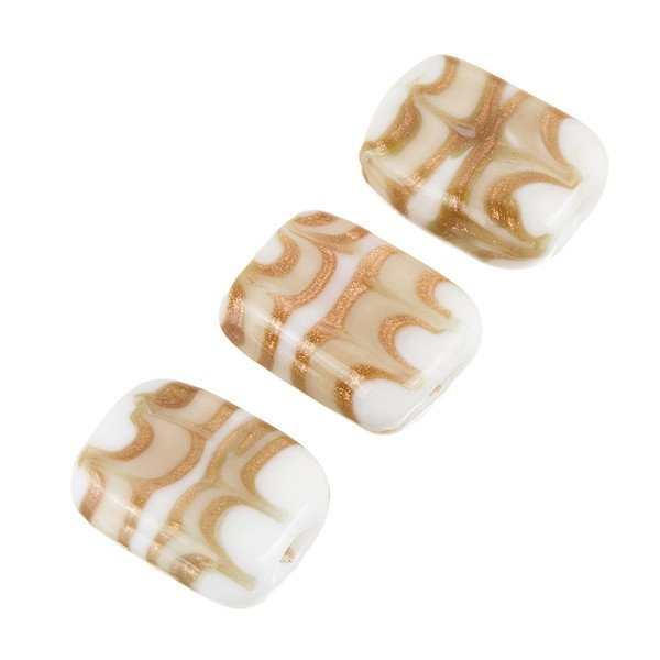 White Rectangle Glass Beads Beige/Gold Pattern 18x15mm