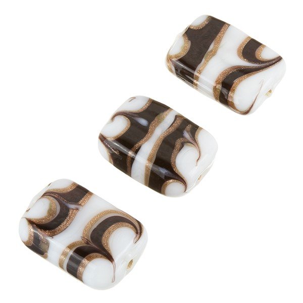 White Rectangle Glass Beads - Black/Gold Pattern 18x15mm