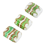 White Rectangle Glass Beads Green/Gold Pattern 18x15mm