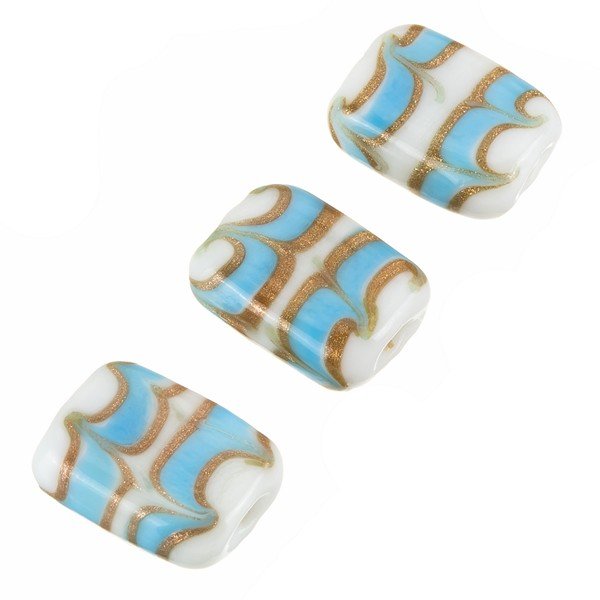 White Rectangle Glass Beads Turquoise/Gold Pattern 18mm
