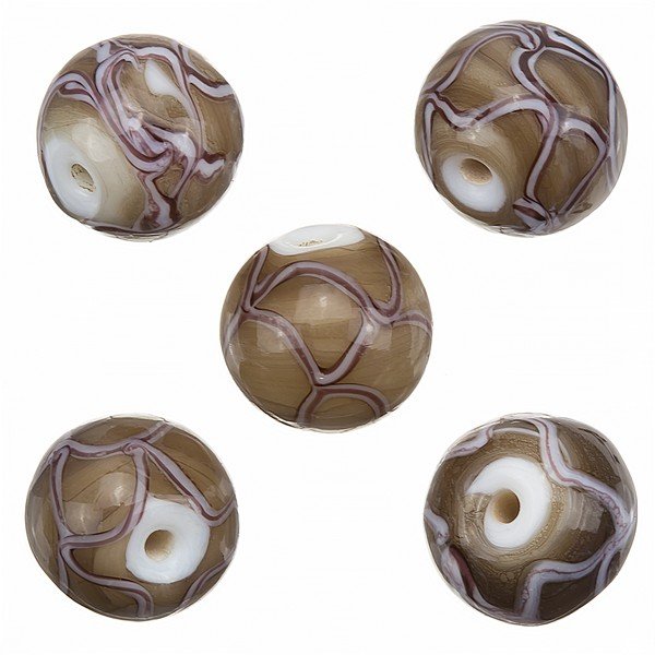 Wavy Patterned Brown Round Glass Beads 15mm (PK5)