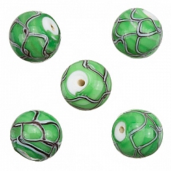 Wavy Patterned Green Round Glass Beads 15mm (PK5)