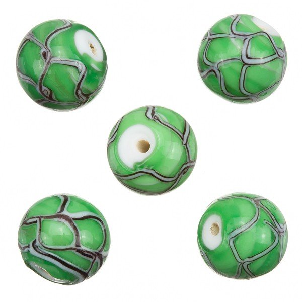 Wavy Patterned Green Round Glass Beads 15mm (PK5)