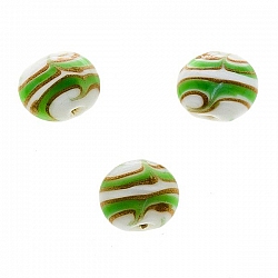 Flat Green, White and Gold Round Glass Beads 18mm (PK3)