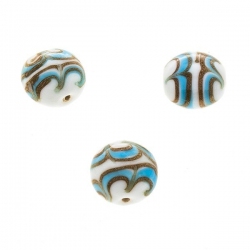 Flat Turquoise, White & Gold Round Glass Beads 18mm PK3
