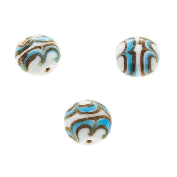 Flat Turquoise, White & Gold Round Glass Beads 18mm PK3