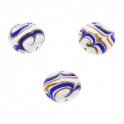 Flat Blue, White and Gold Round Glass Beads 18mm (PK3)