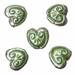 Enamelled Heart Green Pattern Metal Beads 15mm (PK5)