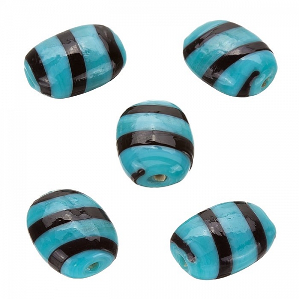 Striped Turquoise Flat Barrel Glass Beads 18x14mm (PK5)