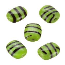 Striped Green Flat Barrel Glass Beads 18x14x7mm (PK5)