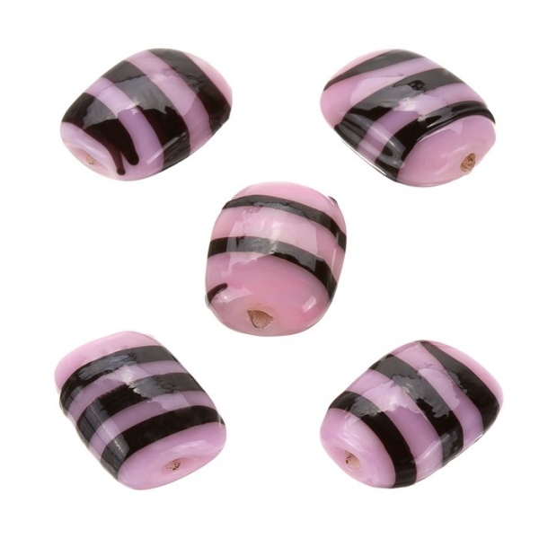 Striped Pink Flat Barrel Glass Beads 18x14x7mm (PK5)