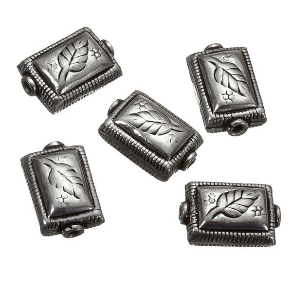Silver Puffed Rectangle Leaf Design Metal Bead 17mm PK5