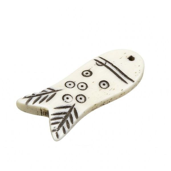 Carved Natural Bone Tribal Fish Bead Pendant 44mm - PK1