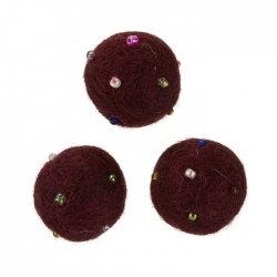 Round Felt Wool Ball Beads Burgundy With Rocailles 14mm