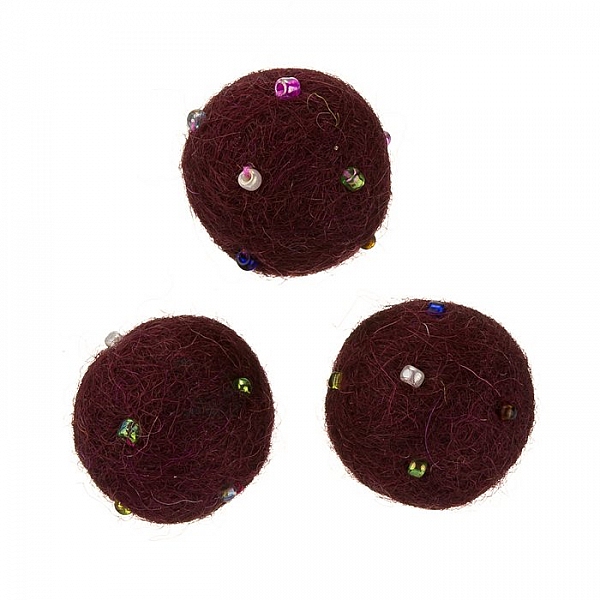 Round Felt Wool Ball Beads Burgundy With Rocailles 14mm