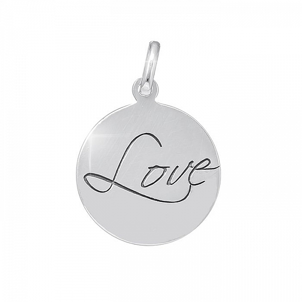 Etched Sterling Silver 925 "Love" Disc Pendant 16mm PK1