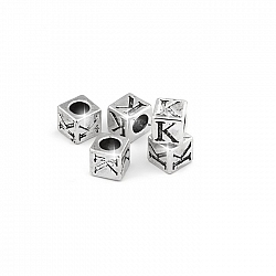 Alphabet Letter Beads 'K' Silver Metal Cube Charm 7mm PK5