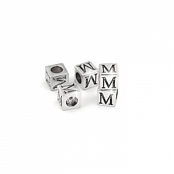 Alphabet Letter Beads 'M' Silver Metal Cube Charm 7mm PK5