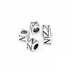 Alphabet Letter Beads 'N' Silver Metal Cube Charm 7mm PK5