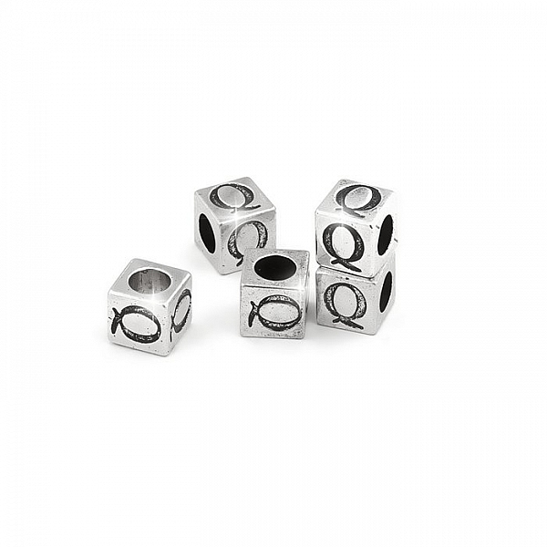 Alphabet Letter Beads 'Q' Silver Metal Cube Charm 7mm PK5