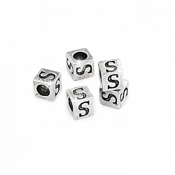 Alphabet Letter Beads 'S' Silver Metal Cube Charm 7mm PK5
