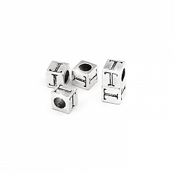 Alphabet Letter Beads 'T' Silver Metal Cube Charm 7mm PK5