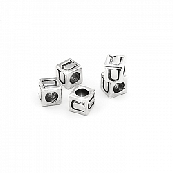 Alphabet Letter Beads 'U' Silver Metal Cube Charm 7mm PK5