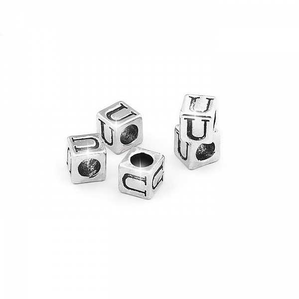 Alphabet Letter Beads 'U' Silver Metal Cube Charm 7mm PK5