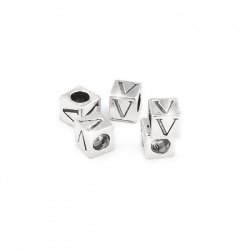 Alphabet Letter Beads 'V' Silver Metal Cube Charm 7mm PK5