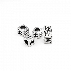 Alphabet Letter Beads 'W' Silver Metal Cube Charm 7mm PK5