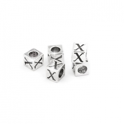 Alphabet Letter Beads 'X' Silver Metal Cube Charm 7mm PK5