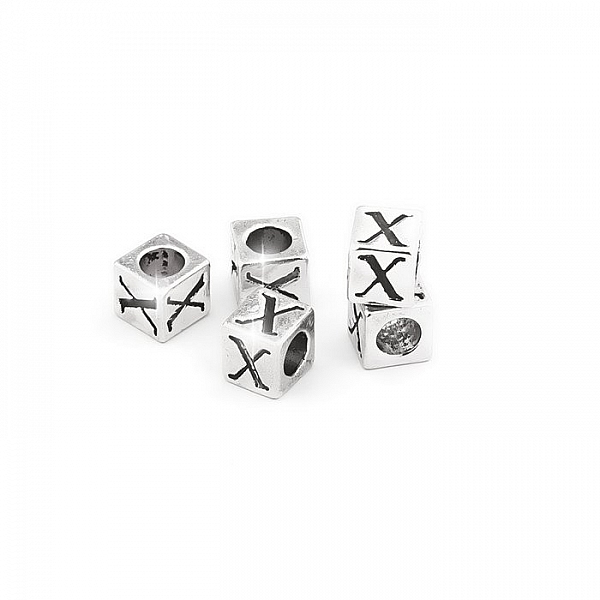 Alphabet Letter Beads 'X' Silver Metal Cube Charm 7mm PK5