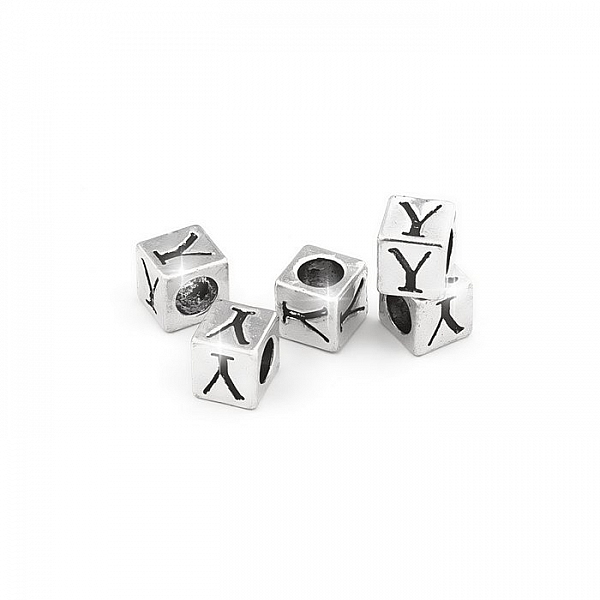 Alphabet Letter Beads 'Y' Silver Metal Cube Charm 7mm PK5