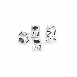 Alphabet Letter Beads 'Z' Silver Metal Cube Charm 7mm PK5